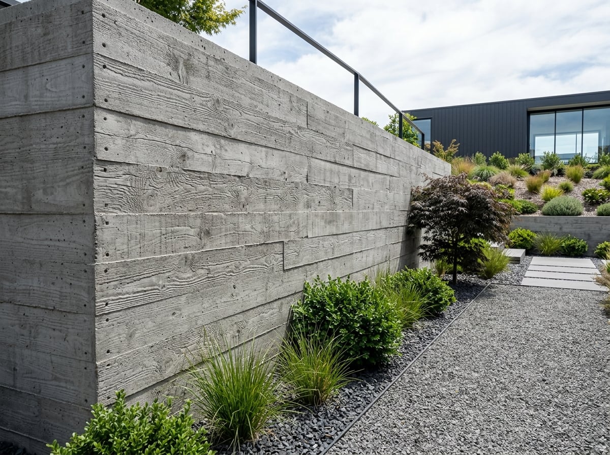 Board-formed concrete retaining wall with wood-grain texture