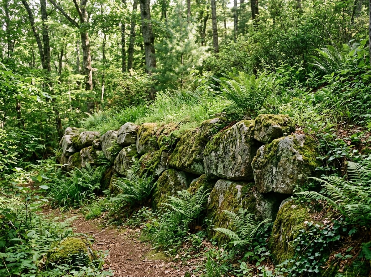 Large moss-rock boulder retaining wall in a natural landscape