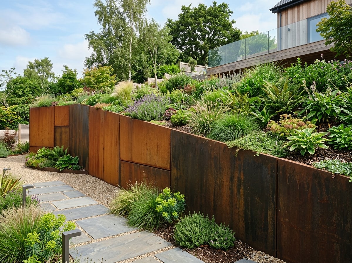 Corten weathering steel retaining wall with rust patina