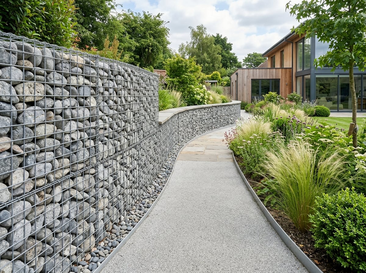 Gabion basket retaining wall filled with grey stone