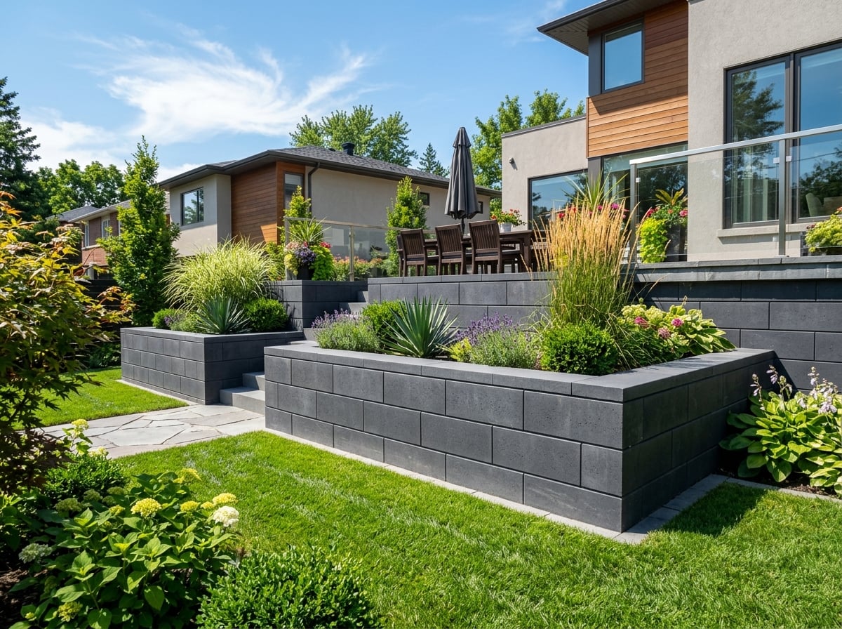 Modern smooth-faced charcoal concrete block retaining wall in a contemporary landscaped backyard
