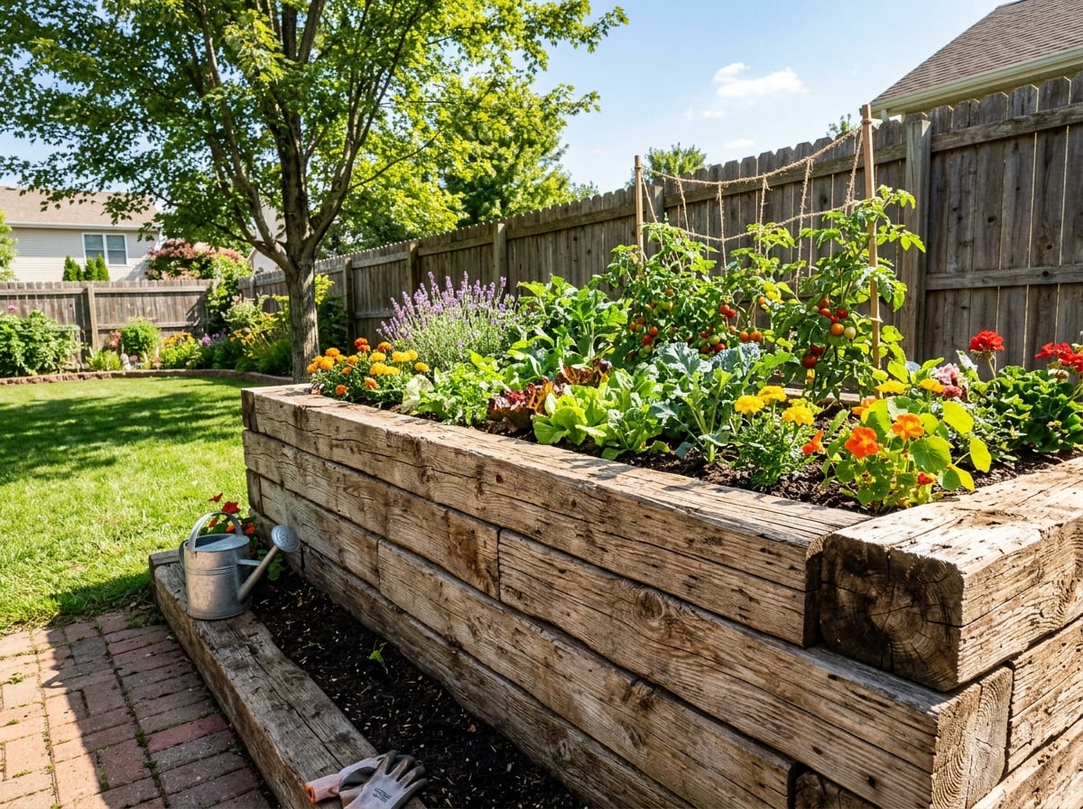 Timber sleeper railroad-tie retaining wall forming a raised garden bed